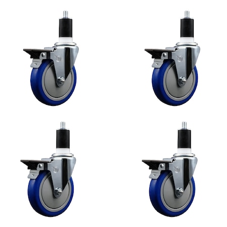 Service Caster 5'' Blue Poly Swivel 1-1/2'' Expanding Stem Caster Set with Brake, 4PK SCC-EX20S514-PPUB-BLUE-PLB-112-4